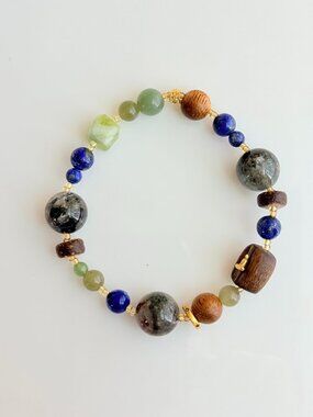 Zen Bracelet Wood Phantom Quartz Lapis Neutral Unisex Handmade